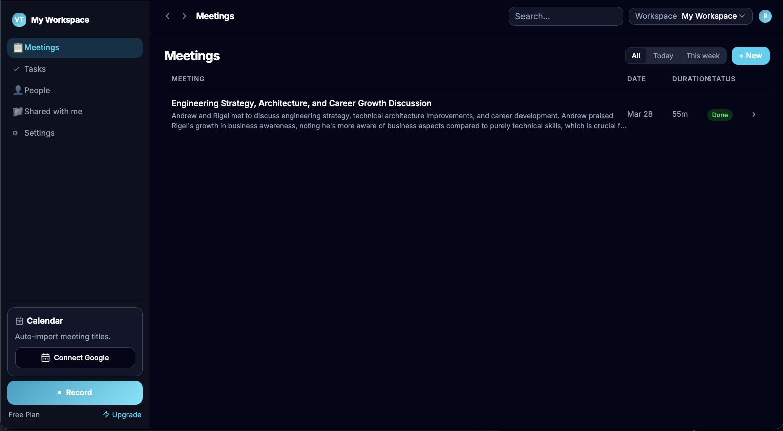 VoiceTrail app showing meetings list